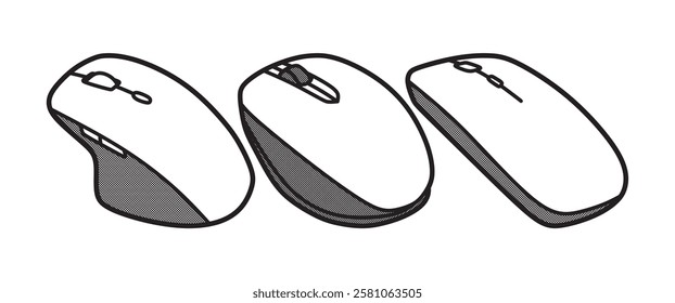 three black and white computer mouse images line art