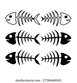 Three black and white fish skeleton in a row three fish bones outline.eps
