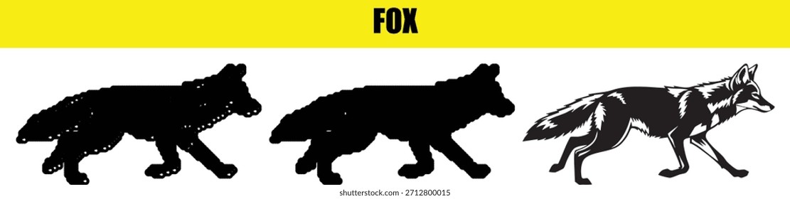 Auf weißem Hintergrund sind drei Schwarz-Weiß-Fuchssilhouetten mit ausgeprägten Schwanzmustern dargestellt. Jeder Fuchs hat einen einzigartigen Schwanz, der verschiedene Arten oder Variationen hervorhebt.