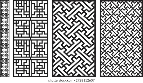 Three black and white geometric jali patterns with intricate