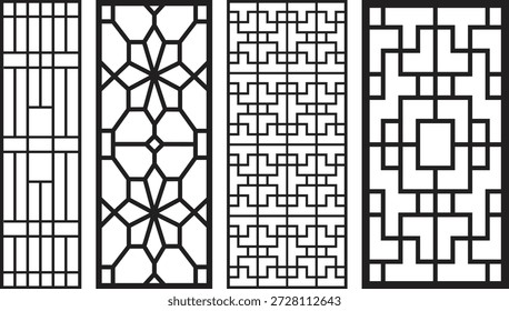 Three black and white geometric jali patterns with intricate
