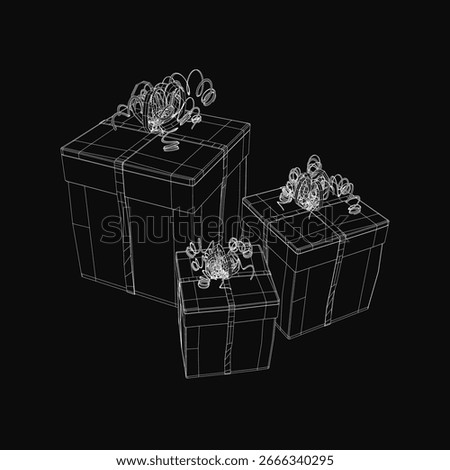 Three black and white gift boxes with neat bows are arranged in a triangular formation against a sleek black background. The largest box sits centrally, flanked by two smaller ones.