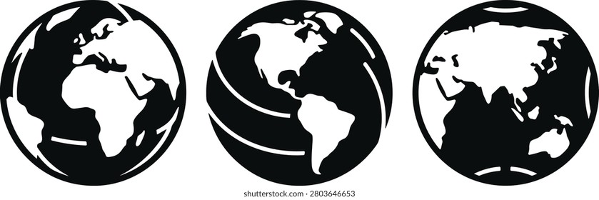 Three black and white globe icons with different views on a pure white background, representing global concepts and world maps in a simple style