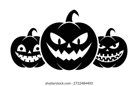 Tres calabazas de Halloween en blanco y negro con diferentes caras Jack o linterna tres calabazas