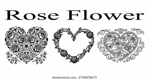 Drei schwarz-weiße herzförmige Illustrationen von Rosen und floralen Designs auf weißem Hintergrund