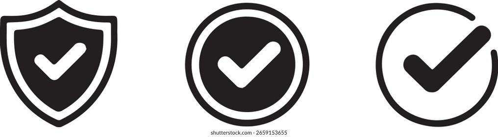 Três ícones em preto e branco com um escudo com uma marca de seleção, um círculo com uma marca de seleção e um círculo com uma marca de seleção dentro de um círculo.