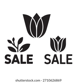 Tres iconos en blanco y negro con tulipanes estilizados y una rama frondosa, cada uno acompañado de la palabra SALE.