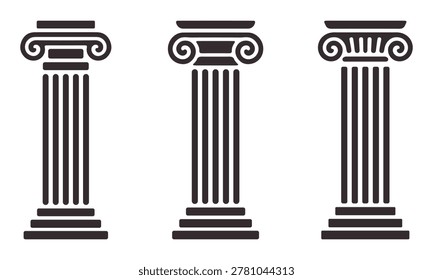 Three black and white illustrations of ancient Greek columns with different capitals, isolated on a pure white background, in a simple and elegant style
