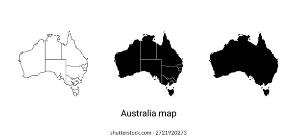 Três ilustrações em preto e branco da Austrália são mapeadas em um fundo branco puro, mostrando diferentes estilos e designs para vários usos.