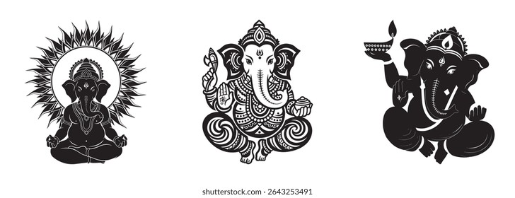 Three black and white illustrations of lord ganesha in different poses and styles