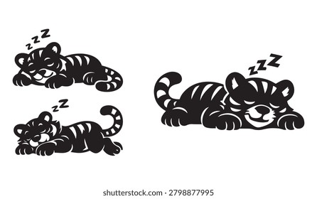 Three black and white illustrations of sleeping tigers with 'zzz' above them