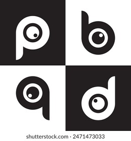 three black and white images of a letter p, a, d q latter set camera  logo and a letter icon set