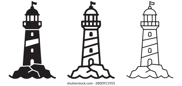 Three black and white lighthouse illustrations on rocky shoreline with waves iconic nautical structures