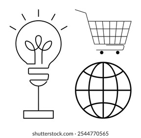 Three black and white line art designs include a light bulb growing a plant, a shopping cart, and a globe. Ideal for innovation, commerce, global business, sustainability, and creative concepts