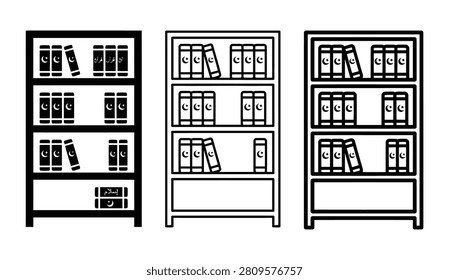 Three black and white line art illustrations of wooden bookshelves filled with books