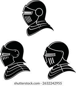 Three black and white medieval knight helmet illustrations