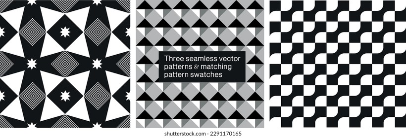 Three black and white, modern stylish seamless patterns. Useful for designed items, interior patterns, wallpaper or tiles, graphic design, web elements and fabrics. Contains pattern swatches too.