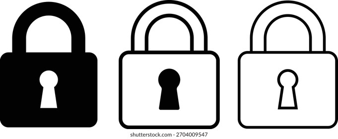 Três ícones de cadeado preto e branco com o símbolo de segurança keyhole
