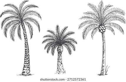 Three Black and White Palm Trees with Detailed Patterned Trunks Tropical