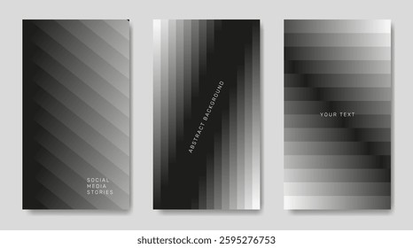 Three black and white posters in an abstract style with geometric elements.