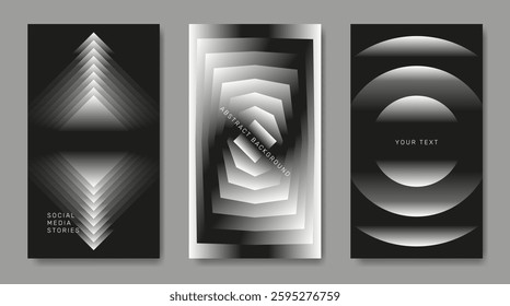 Three black and white posters in an abstract style with geometric elements.