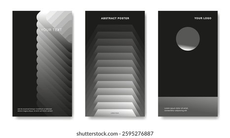 Three black and white posters in an abstract style with geometric shapes.