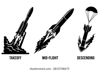 Three black and white rocket images depict takeoff midflight and parachute descending phases