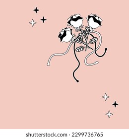 Three black and white roses with ribbons on a pink background.