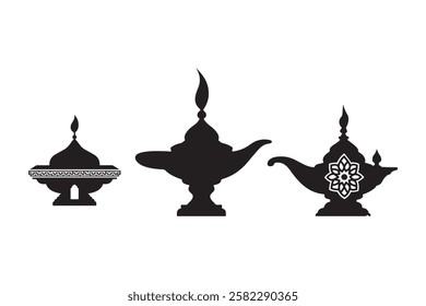 Three Black and White Silhouette Genie Lamps and a Dish