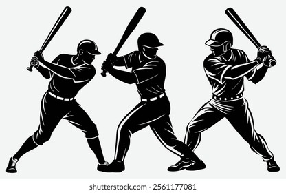 Three black and white silhouette illustrations of baseball players in various batting stances.