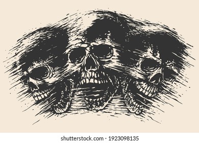 Three black and white skulls with open mouths. Monochrome hand drawn retro graphic art in stamped ink style. T-shirt print design for Halloween with a mystical necromancy theme. Vector illustration