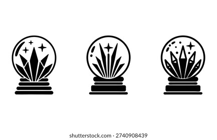 Three black and white snow globes with plants and stars inside