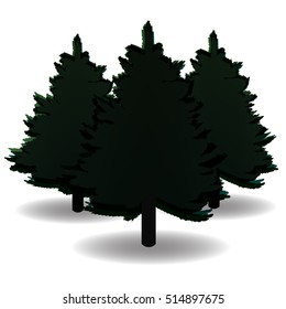 Three black and white spruce, and their shadows for advertising and announcements. Christmas symbol. New Year. On a white background isolated. Vector illustration