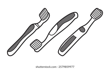 three black and white toothbrush images with line art