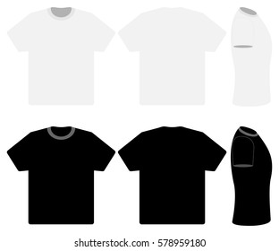 Tres camisetas blancas y negras aisladas sobre fondo blanco. Ilustración vectorial.