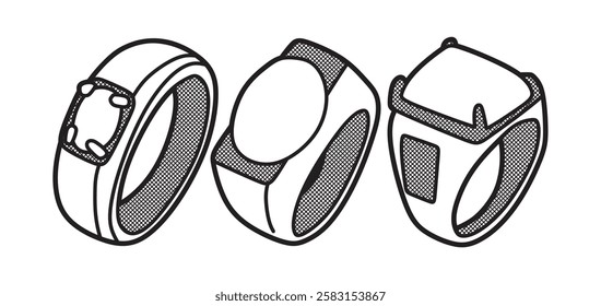 three black and white vector pictures with gemstones attached