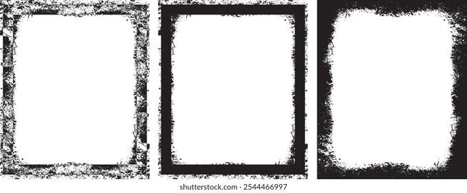 three black and white vertical banners with grunge paint, frame on the wall photo frame set, three black and white frames with grunge paint effect, a black and white grunge photo frame set vector desi