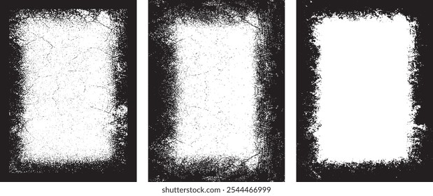 three black and white vertical banners with grunge paint, frame on the wall photo frame set, three black and white frames with grunge paint effect, a black and white grunge photo frame set vector desi