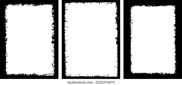 três molduras verticais grungy vintage preto e branco com tinta branca, um quadro quadrado com pintura de efeito grunge preto e branco,