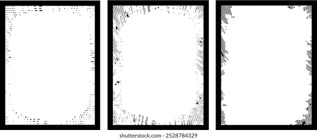 three black and white vertical vintage grunge frame  banners with a white border, a set of four square frames with grunge paint,  square frames with grunge texture vector,  black and white frame set