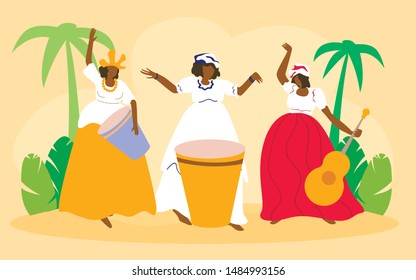 Three Black Women in Carnival Dresses with Musical Instruments. People Celebrate Days of Brazilian Carnival. Traditional Brazilian Costume. Dancing Women. People Fun. Vector Illustration. Joy and Fun.