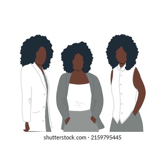 Three black women stand together. Women's community. Female solidarity. Afro hair stile. Vector illustration.