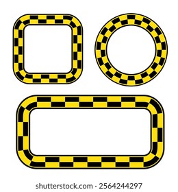 Three black and yellow labels with checkered pattern and sample text for race tournament and racing designs