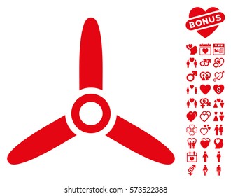 Three Bladed Screw icon with bonus valentine clip art. Vector illustration style is flat iconic red symbols on white background.