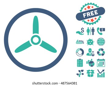 Three Bladed Screw icon with free bonus icon set. Vector illustration style is flat iconic bicolor symbols, cobalt and cyan colors, white background.