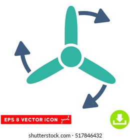 Three Bladed Screw Rotation EPS vector pictogram. Illustration style is flat iconic bicolor cobalt and cyan symbol on white background.