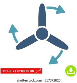 Three Bladed Screw Rotation EPS vector pictogram. Illustration style is flat iconic bicolor cyan and blue symbol on white background.