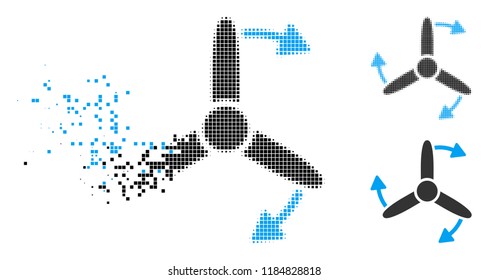 Three bladed screw rotation icon in fractured, pixelated halftone and solid variants. Pixels are composed into vector dissolving three bladed screw rotation icon.