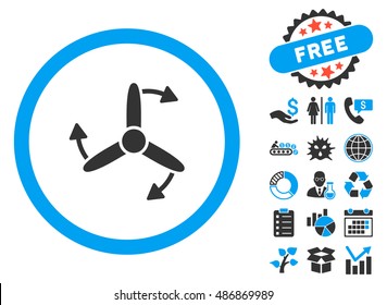 Three Bladed Screw Rotation icon with bonus pictogram. Vector illustration style is flat iconic bicolor symbols, blue and gray colors, white background.