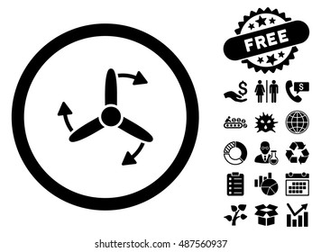 Three Bladed Screw Rotation icon with free bonus design elements. Vector illustration style is flat iconic symbols, black color, white background.